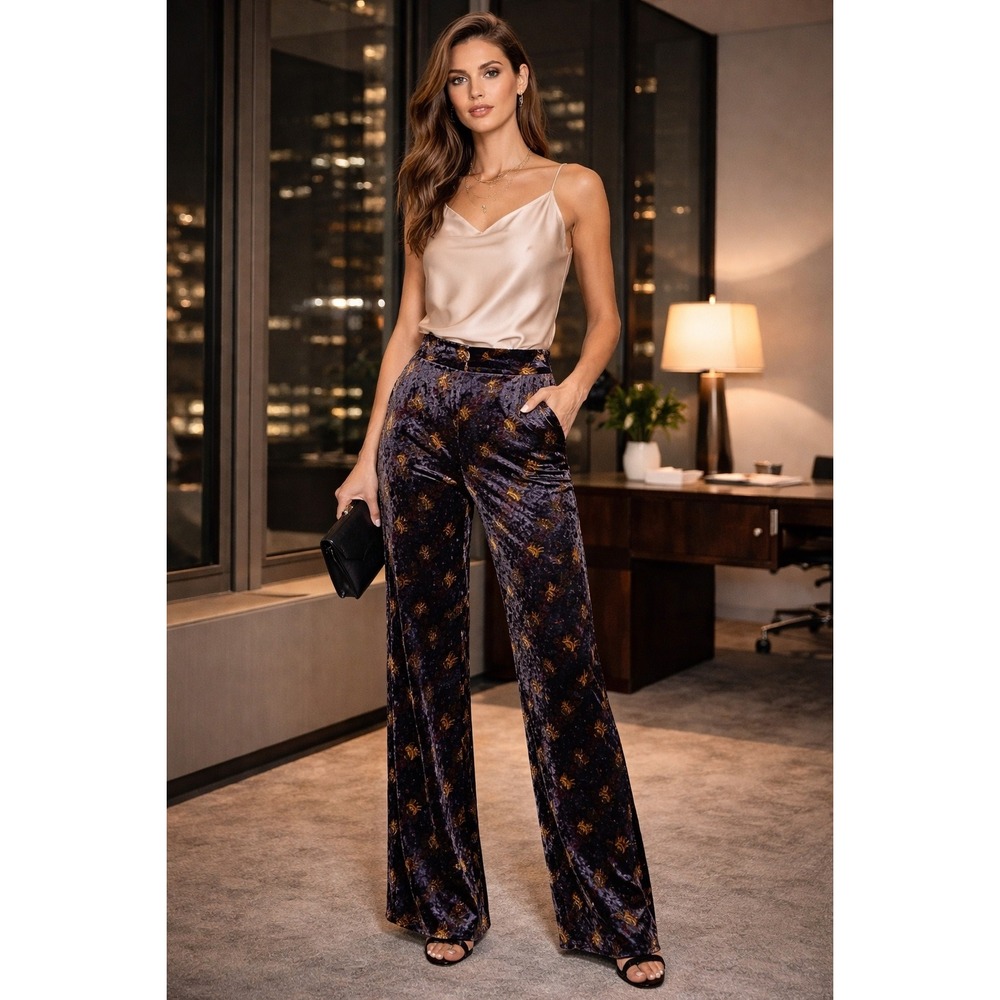 Scotch & Soda women xs Starwatcher Velvet Wide Leg Celestial Pants Navy